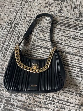 ALDO Black Pleated Shoulder Bag with Gold Chain